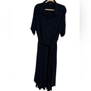 BloomChic Size 22/24 Navy Button Front Dress Belted Shirt Dress Rayon Pockets